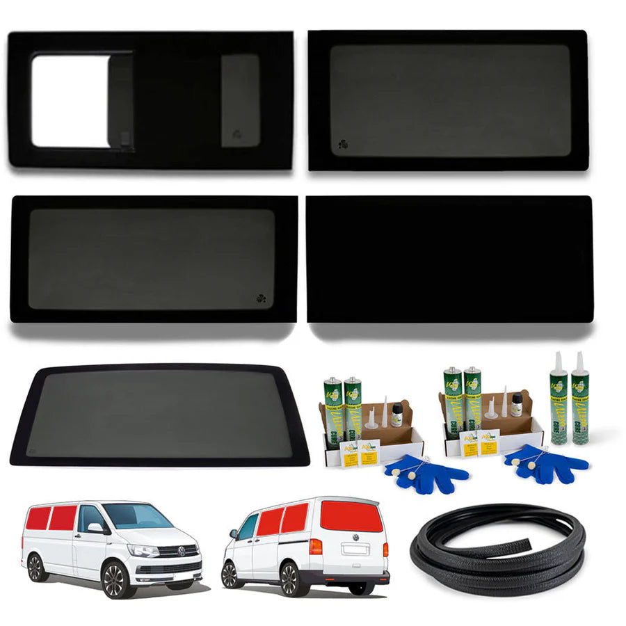 VW T5 Complete Campervan Window Bundle - Left fixed + Right Opening + Left Rear + Right FAKE + Tailgate POA